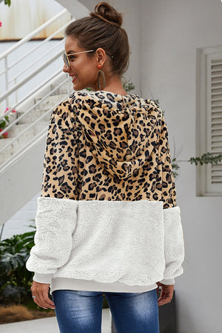 Spliced Leopard Drawstring Zip-Up Teddy Hoodie