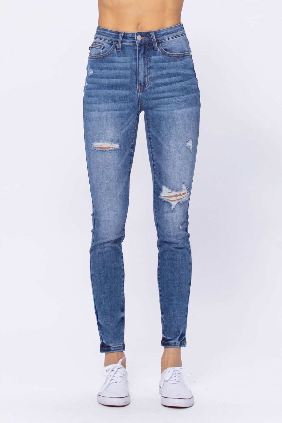 Light Blue Embroidery Pocket Distressed Skinny Jeans