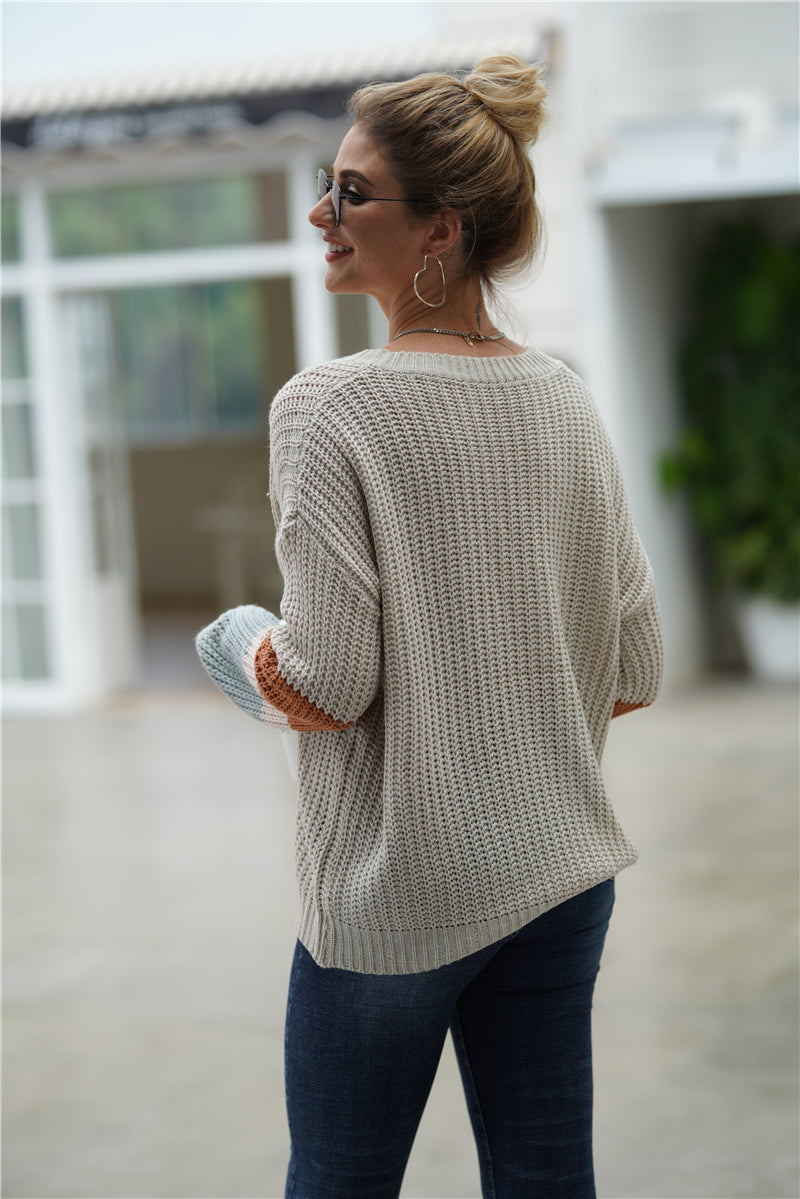 Striped Sleeve Rib-Knit Dropped Shoulder Sweater