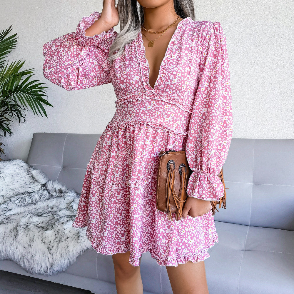 Floral Deep V Frill Trim Flared Sleeve Mini Dress