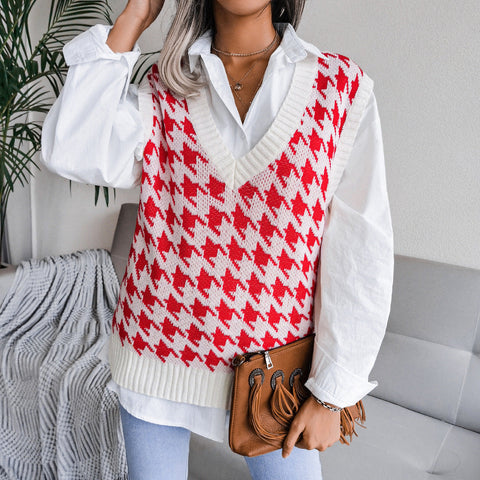 Houndstooth Ribbed Trim V-Neck Sweater Vest