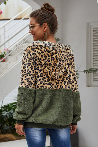 Spliced Leopard Drawstring Zip-Up Teddy Hoodie