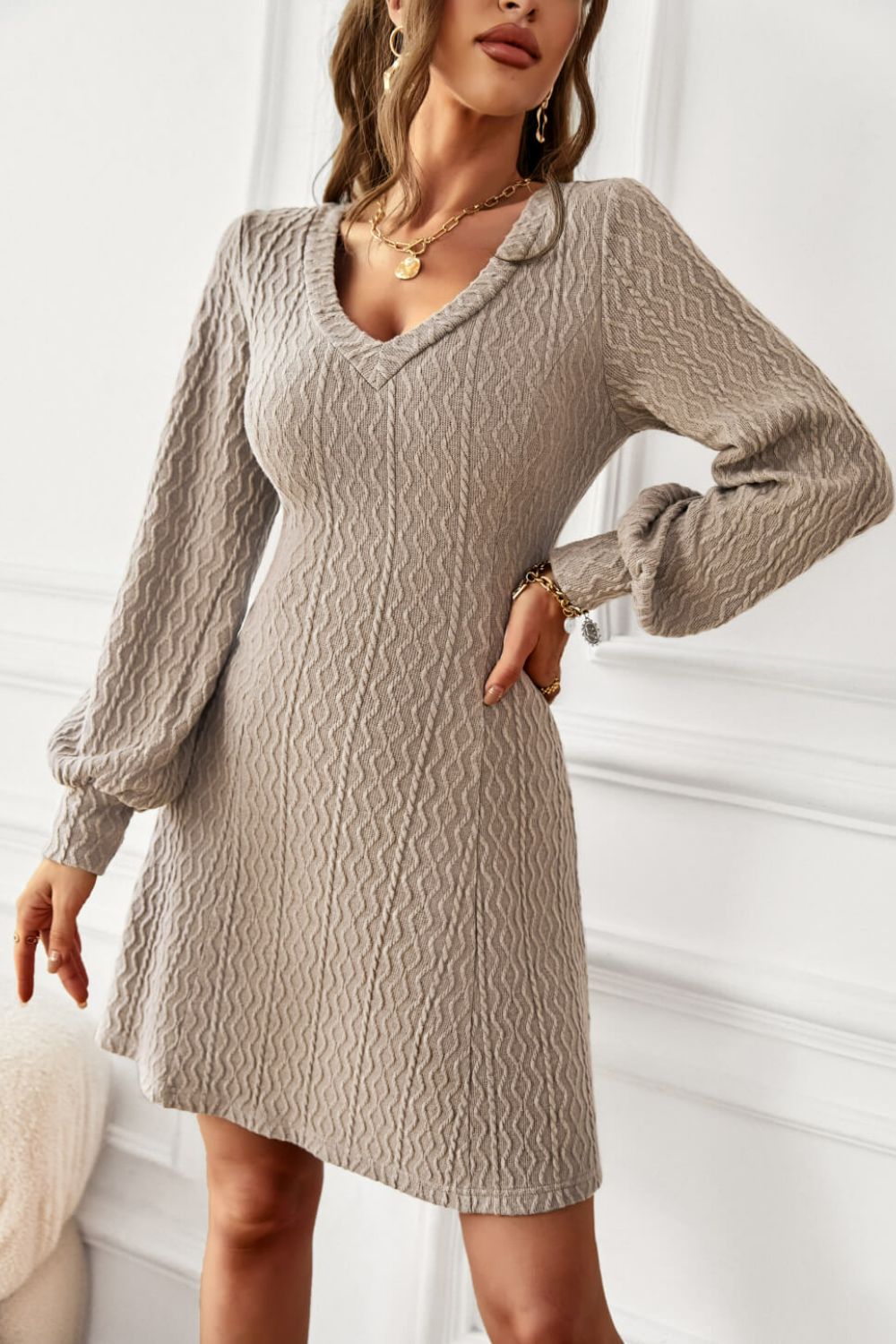 Lantern Sleeve V-Neck Textured Knit Dress