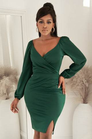 Long Balloon Sleeve Surplice Dress with Slit