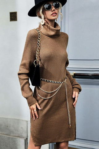 Turtleneck Raglan Sleeve Side Slit Sweater Dress