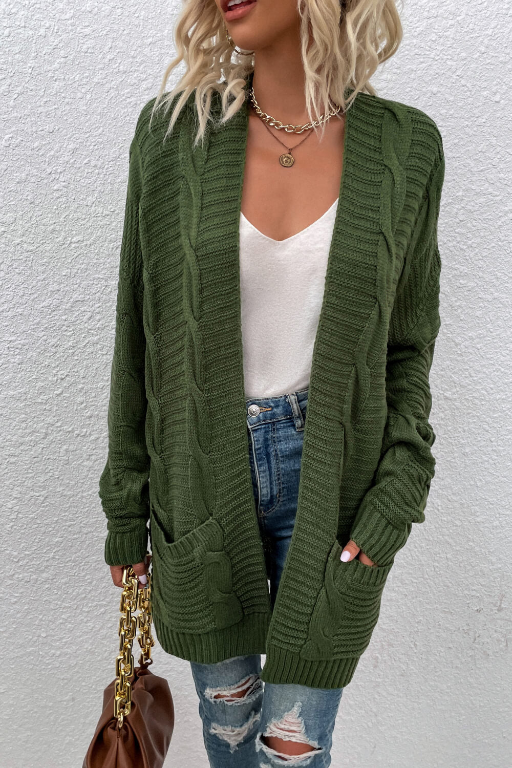 Cable-Knit Open Front Longline Cardigan