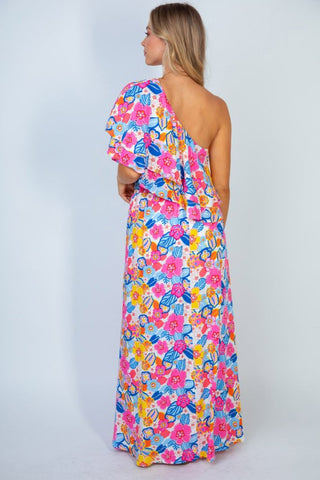 White Birch Sunshine & Blossoms Full Size Floral One-Shoulder Crop Top