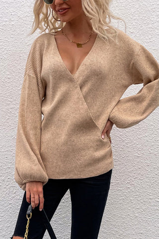 Lantern Sleeve Surplice Knit Sweater