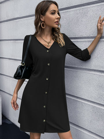 Button Front Roll-Tab Sleeve V-Neck Dress