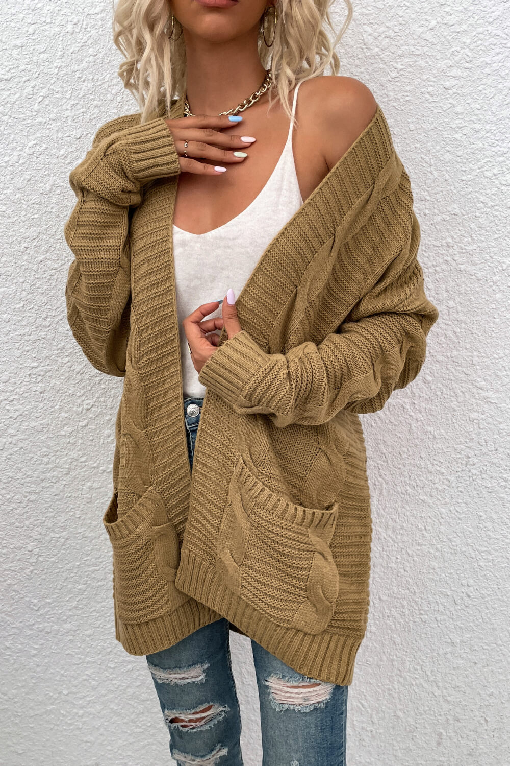 Cable-Knit Open Front Longline Cardigan