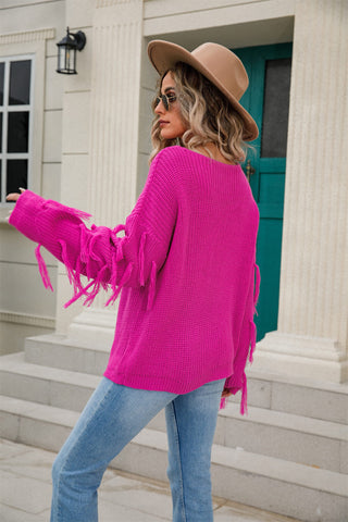 Tassel Detail Rib-Knit Round Neck Sweater