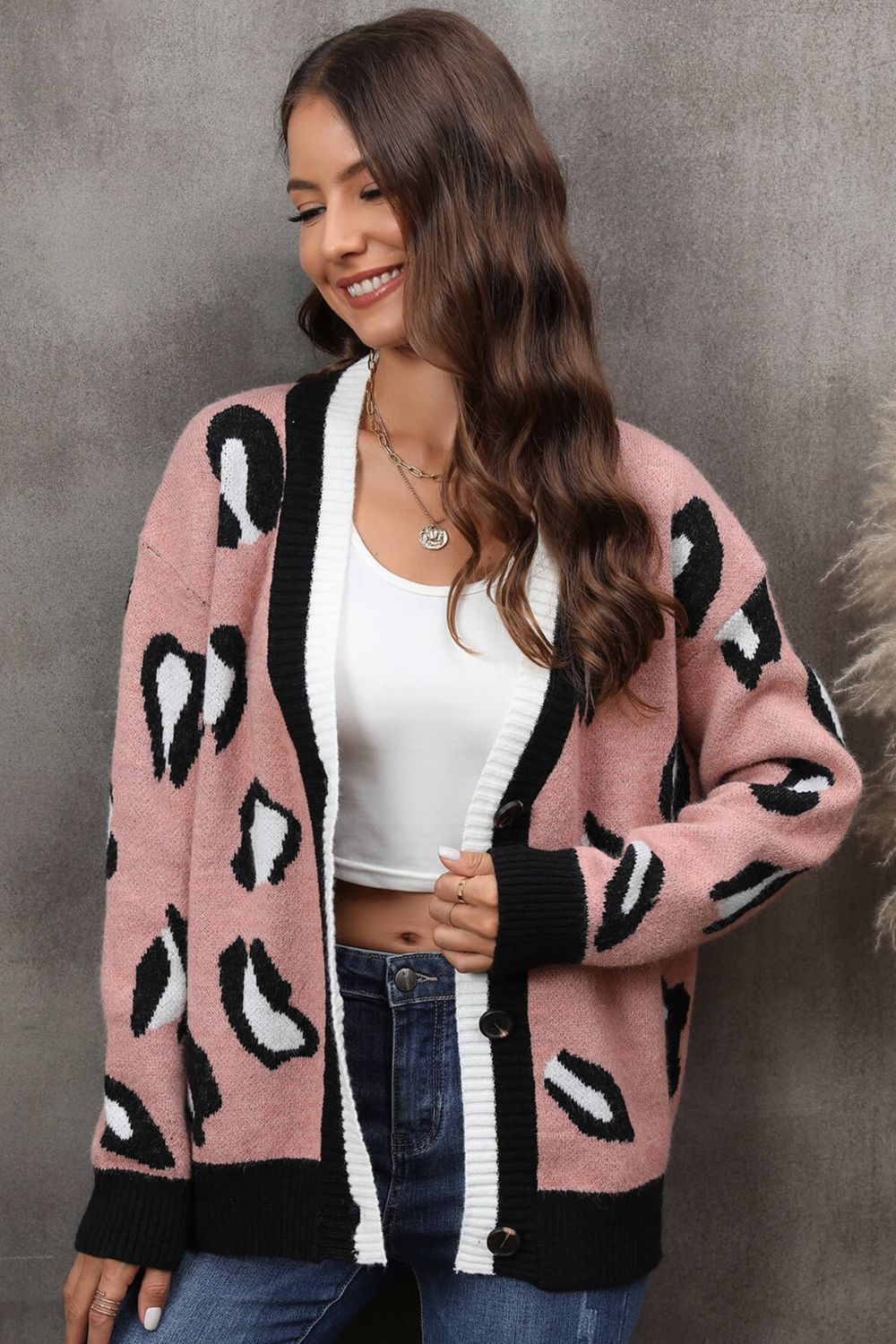 Leopard Ribbed Trim Drop Shoulder Cardigan