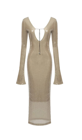 Sequined With Long Sleeves And Backless Dress in Khaki