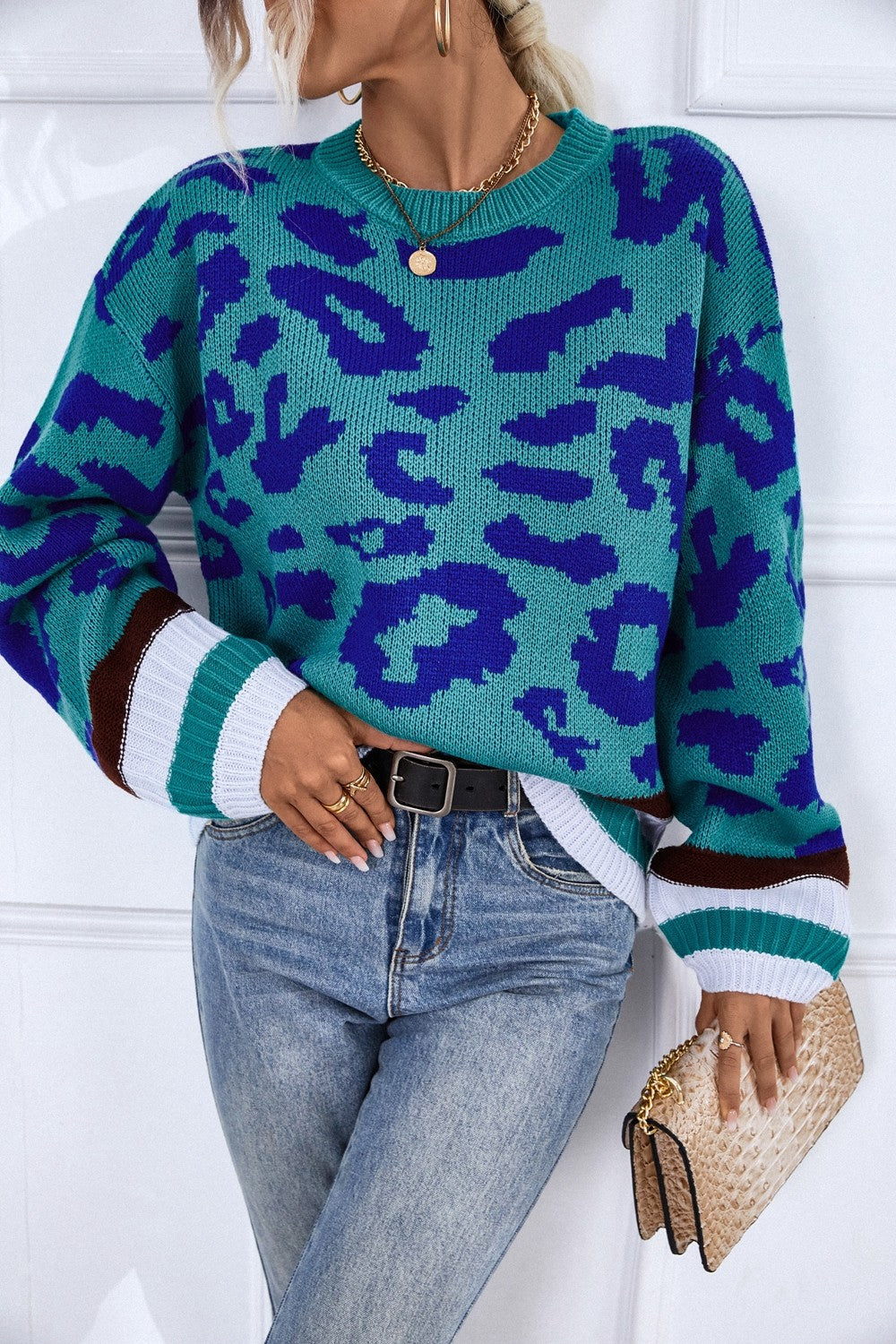 Leopard Round Neck Long Sleeve Sweater