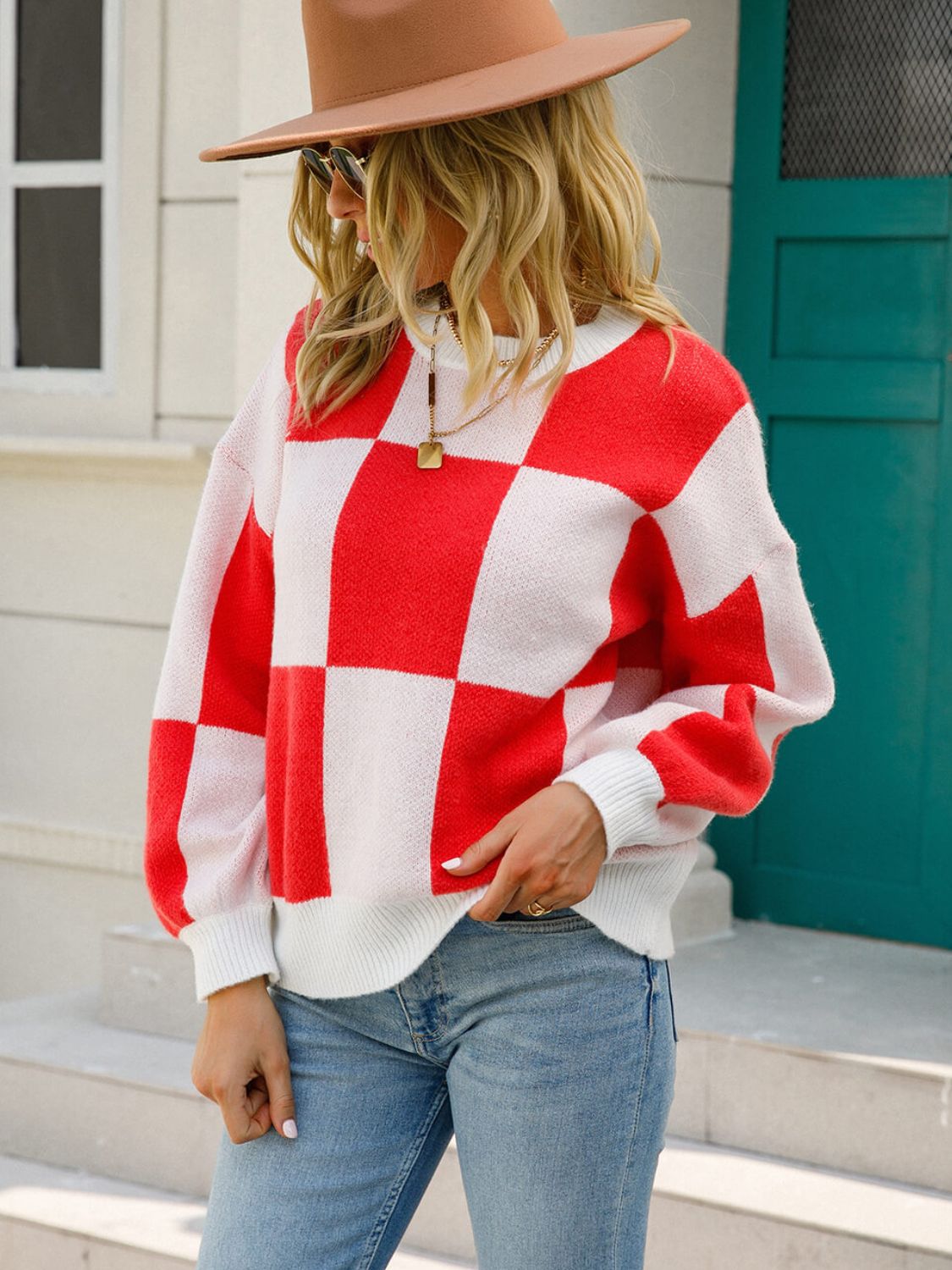 Checkered Dropped Shoulder Knit Pullover