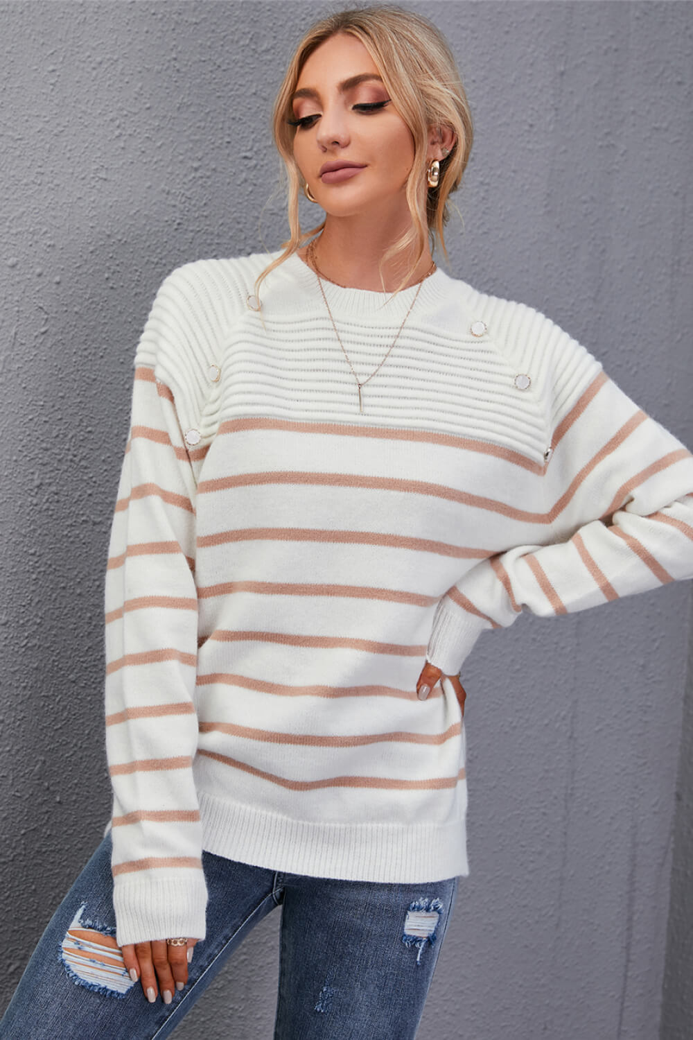 Striped Button Detail Round Neck Sweater