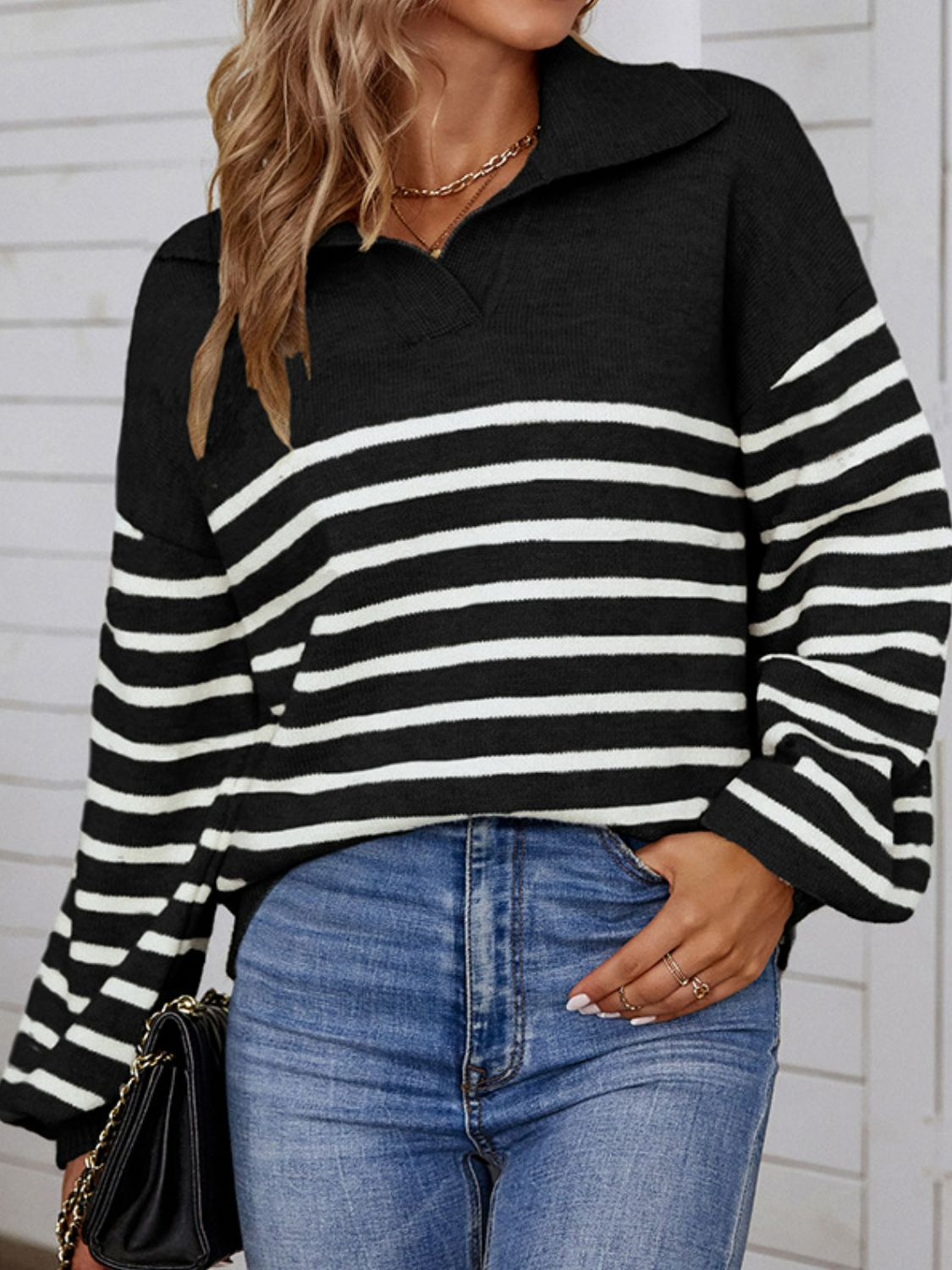 Striped Balloon Sleeve Collared Sweater