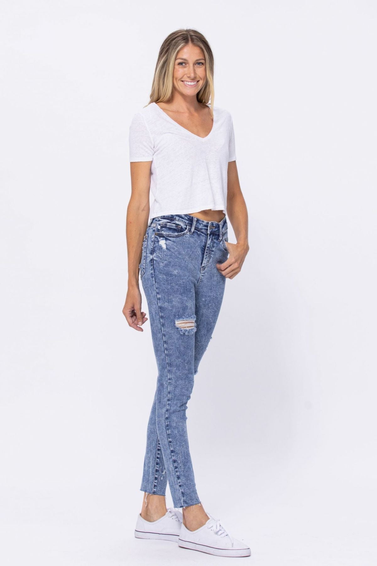 High Rise Acid Wash Destroyed Skinny Jeans