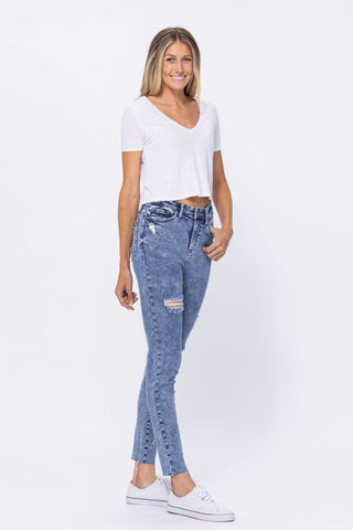 High Rise Acid Wash Destroyed Skinny Jeans