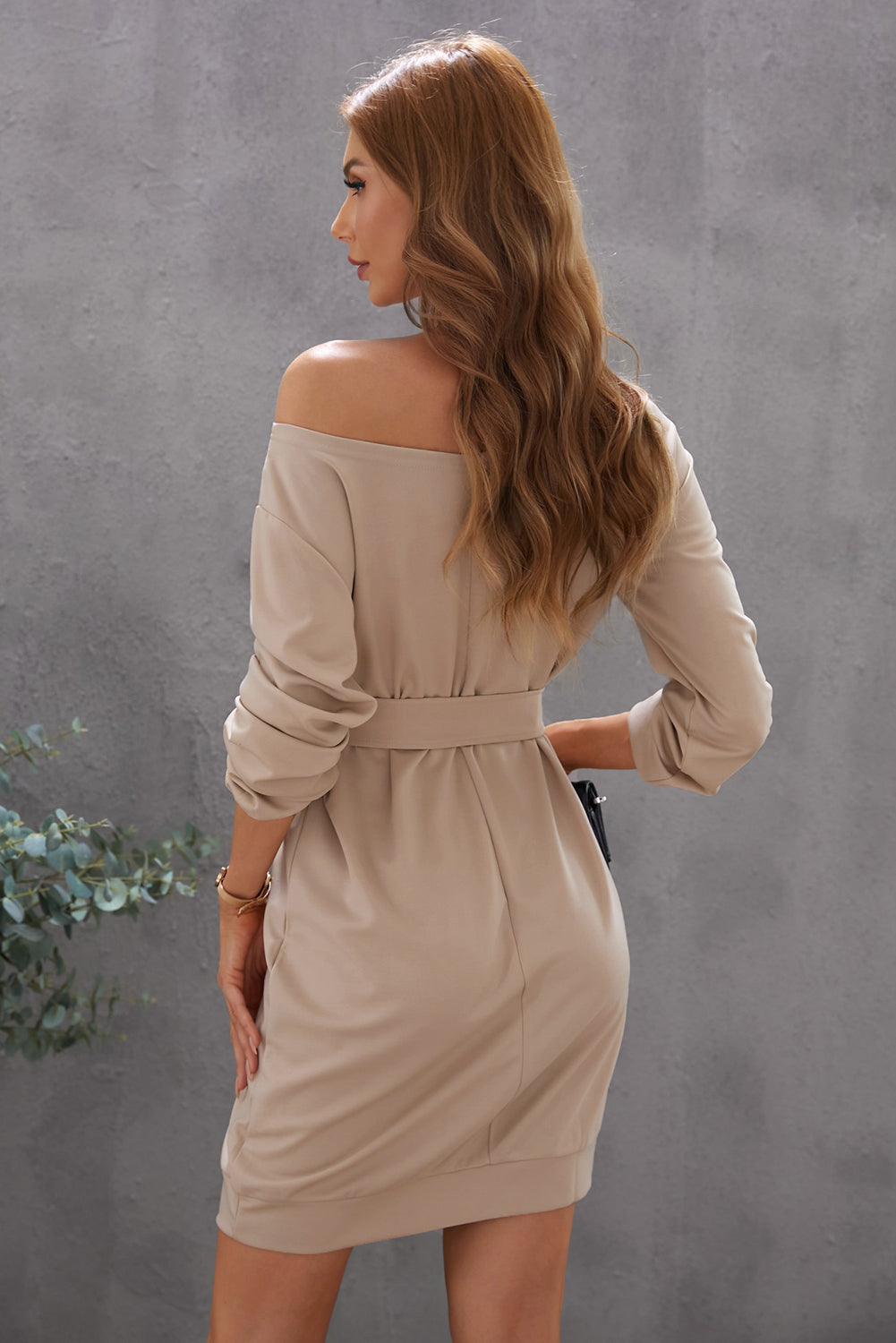 Boat Neck Belted Long Sleeve Dress