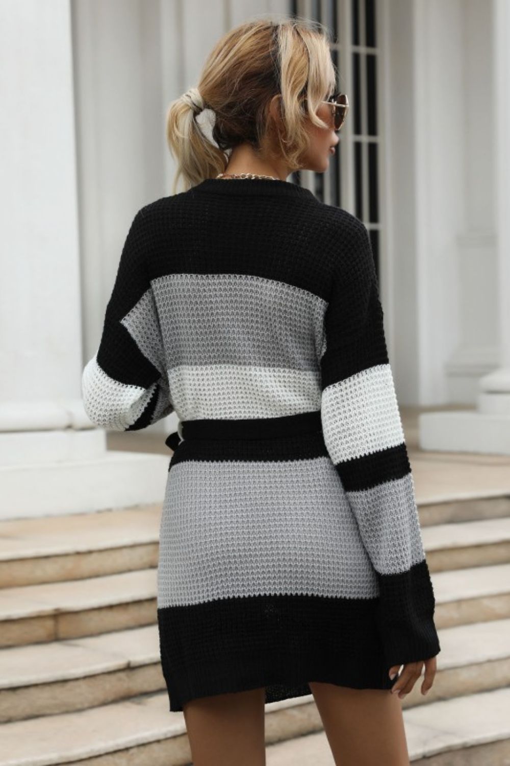 Color Block Belted Round Neck Sweater Dress