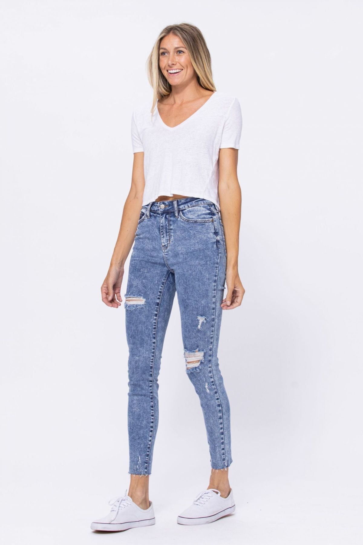 High Rise Acid Wash Destroyed Skinny Jeans