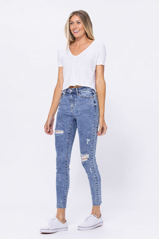 High Rise Acid Wash Destroyed Skinny Jeans