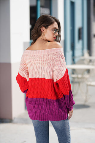 Tricolor Rib-Knit Boat Neck Sweater