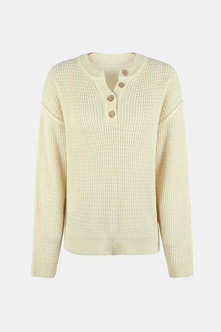 Waffle-Knit Quarter Button Dropped Shoulder Sweater