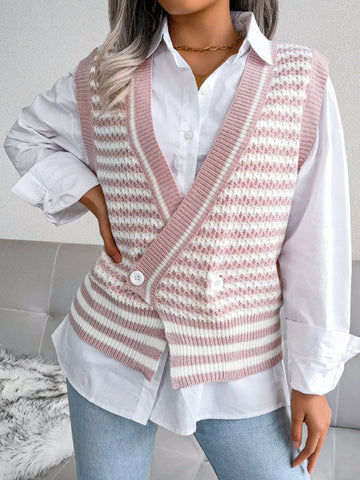 Striped Front Slit Double-Breasted Surplice Sweater Vest