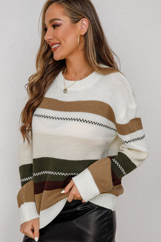 Striped Ribbed  Trim Round Neck Tunic Sweater