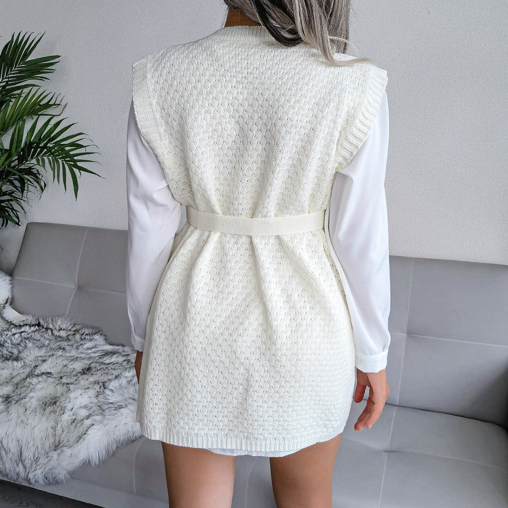 Tie-Waist Sleeveless Side Slit Sweater Vest