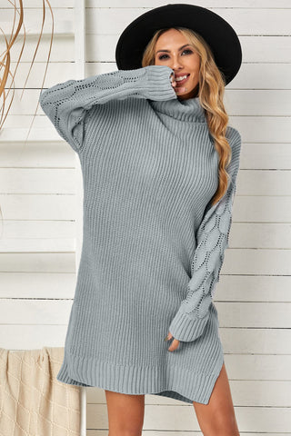 Turtleneck Side Slit Ribbed Trim Sweater Dress