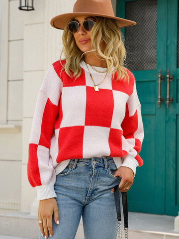 Checkered Dropped Shoulder Knit Pullover