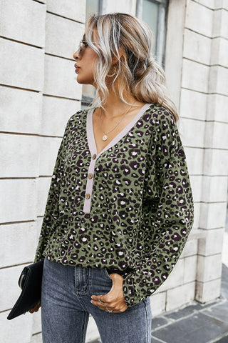Leopard Buttoned Contrast Trim Top