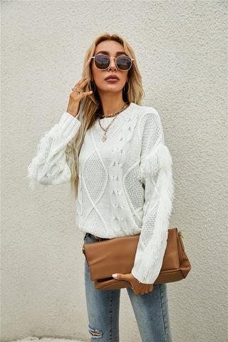 Mixed Knit Fringe Detail Round Neck Sweater