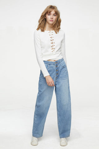 Button-Fly Wide Leg Jeans