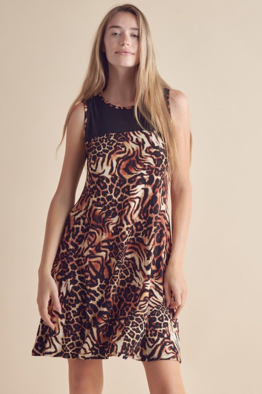 Full Size Animal Print Round Neck Sleeveless Dress with Pockets