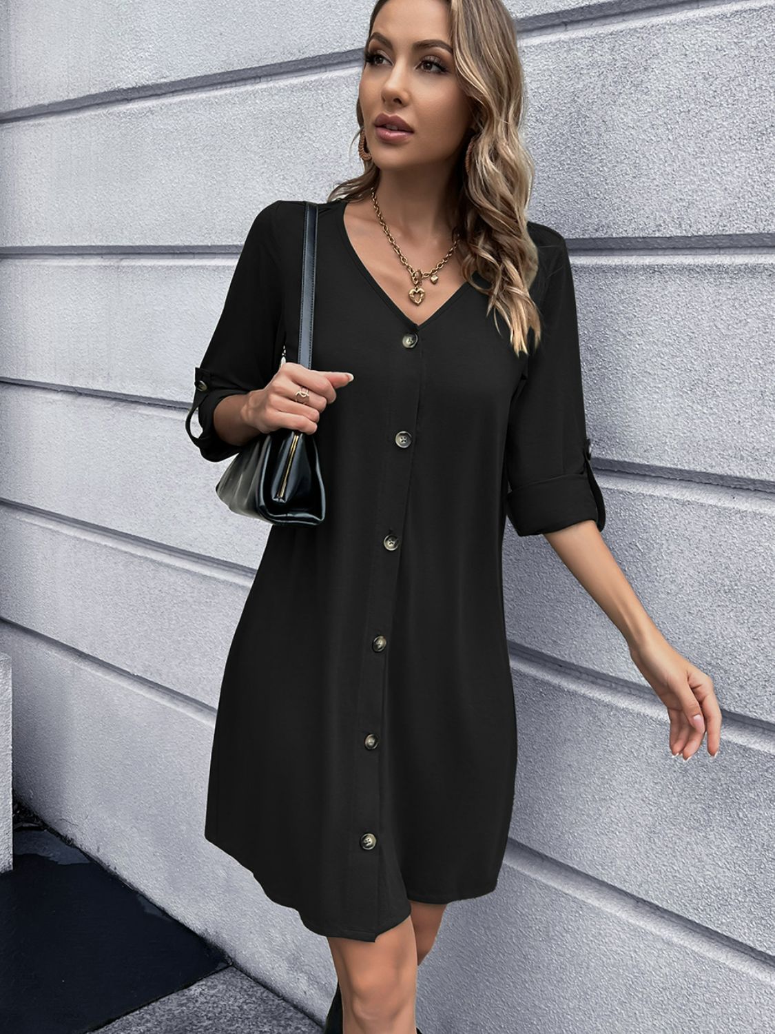 Button Front Roll-Tab Sleeve V-Neck Dress