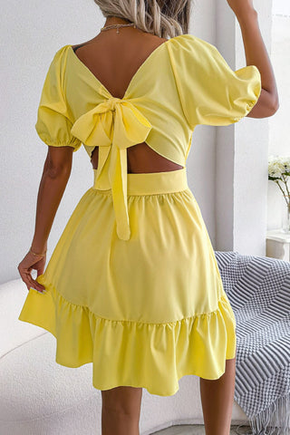 Square Neck Balloon Sleeve Ruffled Dress