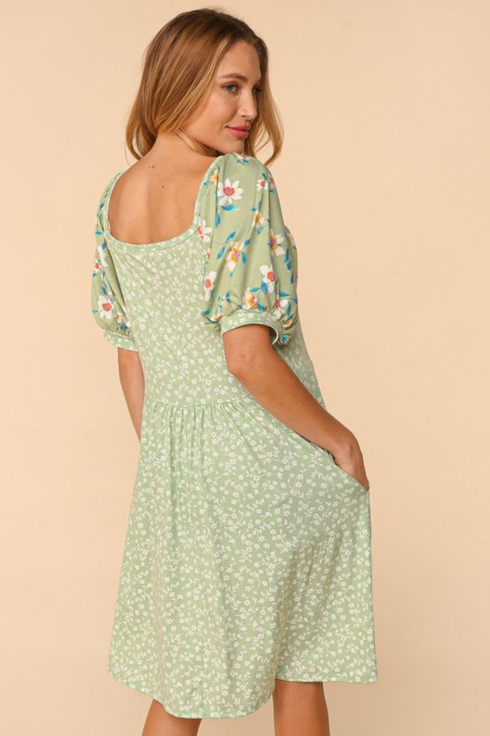 Haptics Full Size Floral Lantern Sleeve Dress with Pockets