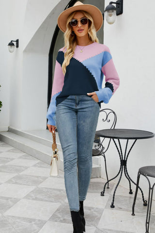 Tricolor Color Block Round Neck Ribbed Trim Sweater