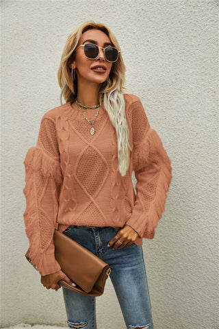 Mixed Knit Fringe Detail Round Neck Sweater