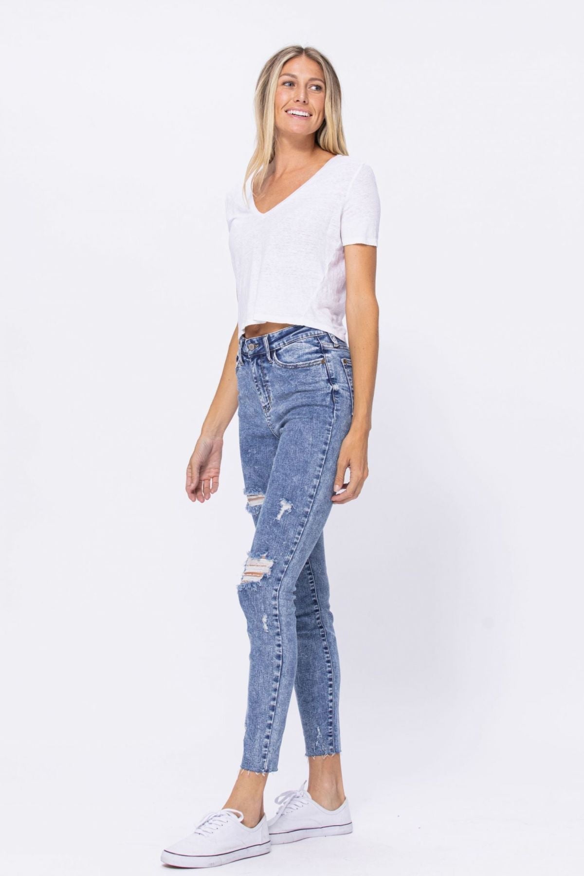 High Rise Acid Wash Destroyed Skinny Jeans
