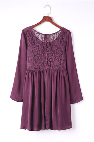 Buttoned Spliced Lace Long Sleeve Dress