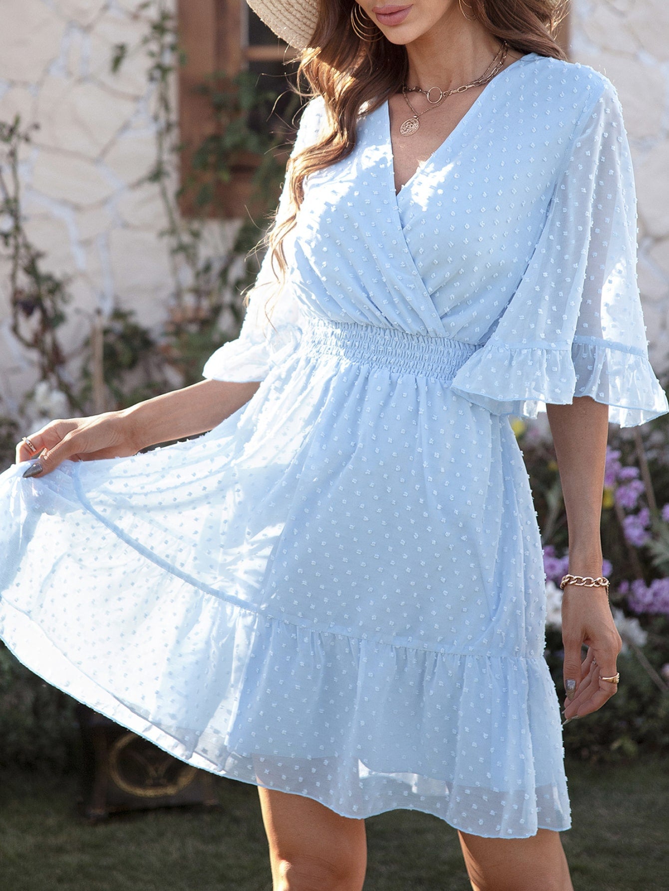 Swiss Dot Flare Sleeve Surplice Mini Dress