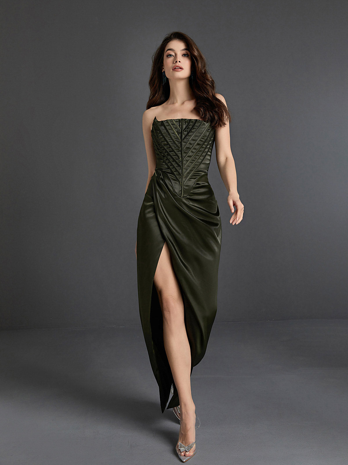 Strapless Satin Split Maxi Dress