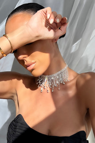 Silver Choker Diamante Tassel Necklace