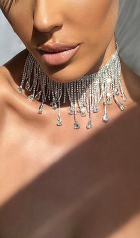 Silver Choker Diamante Tassel Necklace