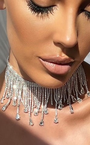 Silver Choker Diamante Tassel Necklace